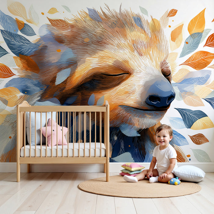 Kids room wallpaper | Klidný lenoch obklopený barevnými listy