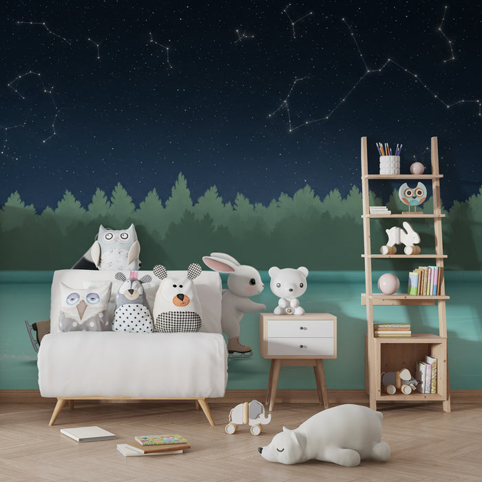 Kids room wallpaper | Starry skating with a panda and a rabbit
