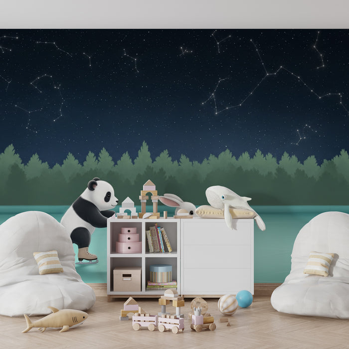 Kids room wallpaper | Starry skating with a panda and a rabbit