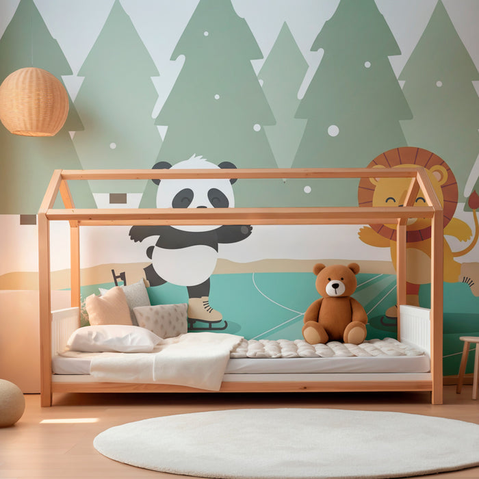 Gyermekszoba tapéta | Téli korcsolyázás panda és oroszlán társaságában