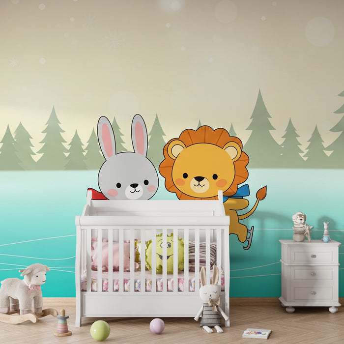 Kinderzimmer Tapete | Leichtes Skaten mit einem Hasen und einem Löwen