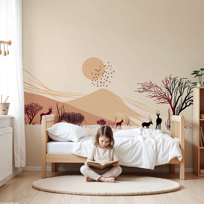 Papier peint chambre enfant | Paysage safari stylisé avec animaux