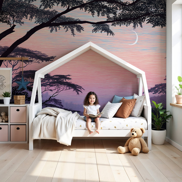 Papier peint chambre enfant | Paysage tropical atemporel au crépuscule