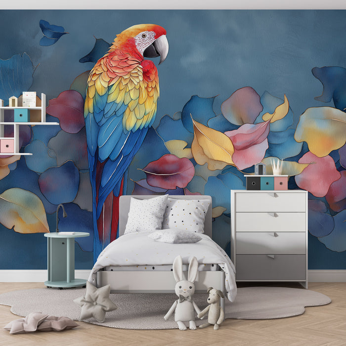 Papier peint chambre enfant | Perroquet coloré et feuilles automnales
