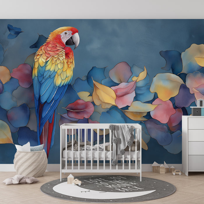 Papier peint chambre enfant | Perroquet coloré et feuilles automnales