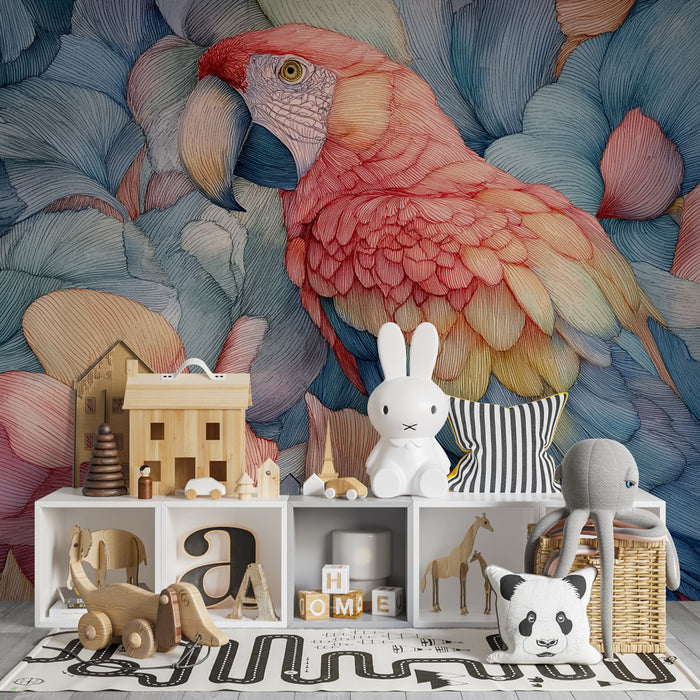 Papier peint chambre enfant | Perroquet coloré et fleurs délicates