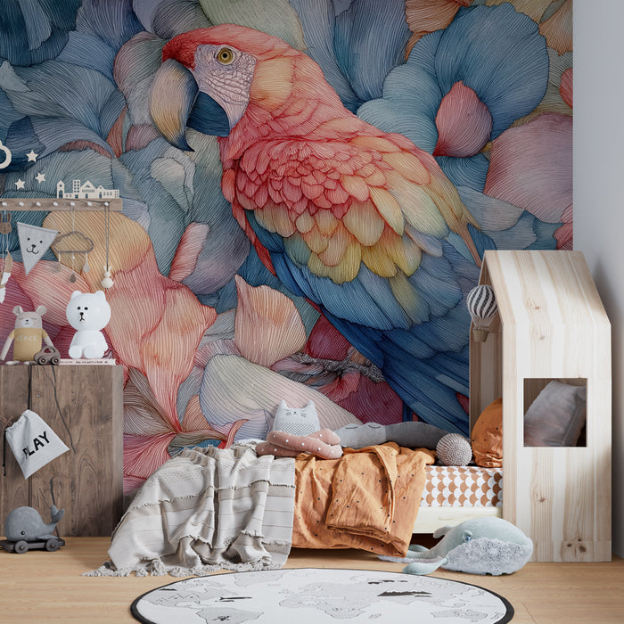 Papier peint chambre enfant | Perroquet coloré et fleurs délicates