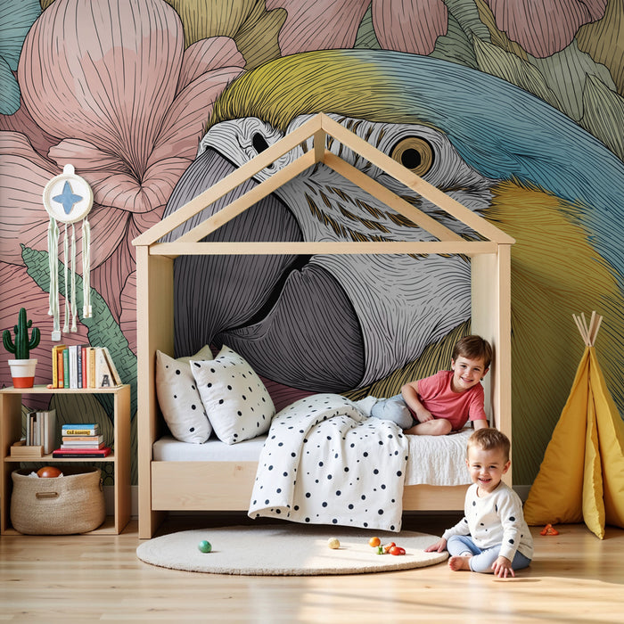 Papier peint chambre enfant | Perroquet coloré et fleurs éclatantes