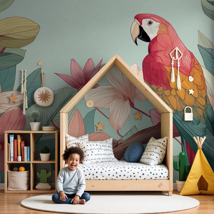 Papier peint chambre enfant | Perroquet coloré parmi des fleurs exotiques