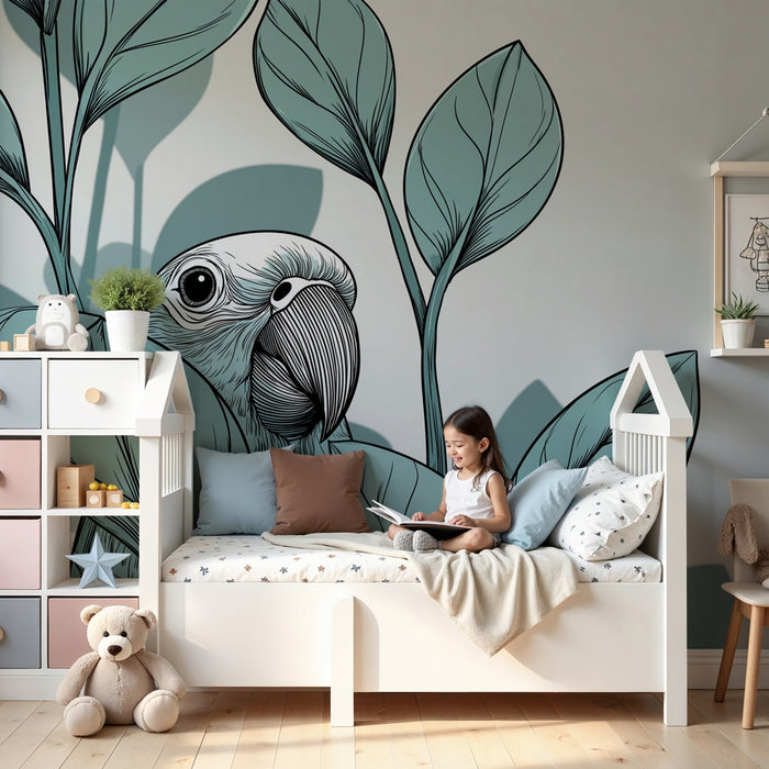 Papel pintado infantil | Loro y follaje tropical