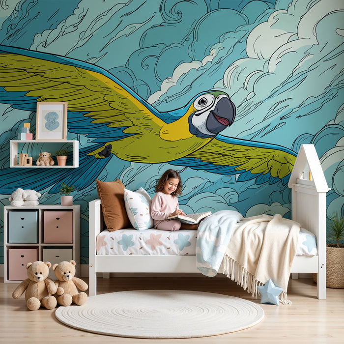 Kinderkamer behang | Vliegende papegaai en wolken