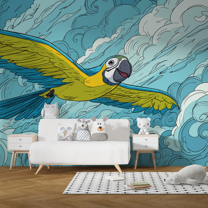 Kinderkamer behang | Vliegende papegaai en wolken