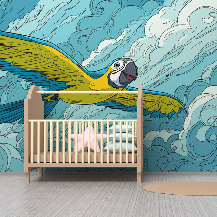 Kinderkamer behang | Vliegende papegaai en wolken