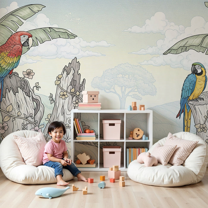 Kinderzimmer Tapete | Bunte Papageien mitten in der Natur