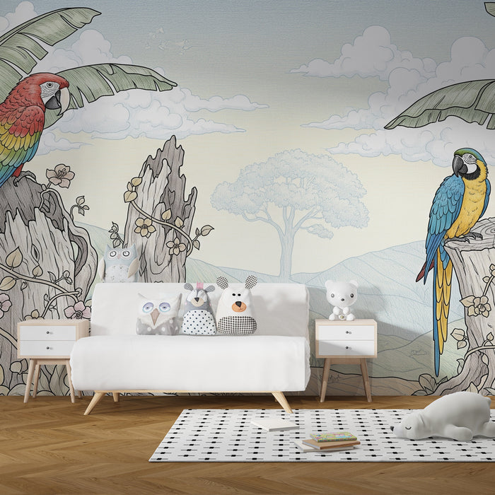 Kids room wallpaper | Colorful parrots in the heart of nature