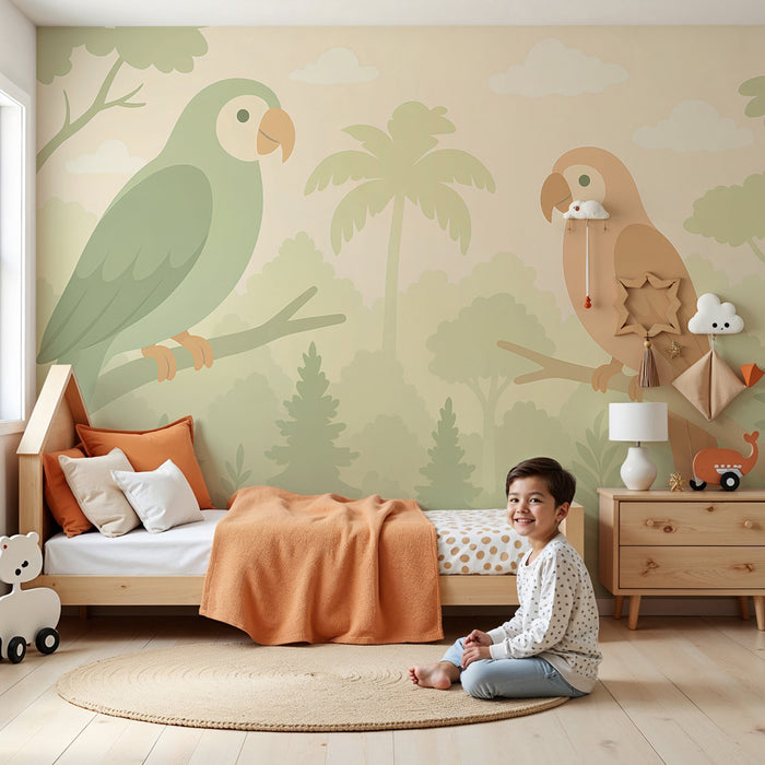 Papel pintado infantil | Loros coloridos en la selva
