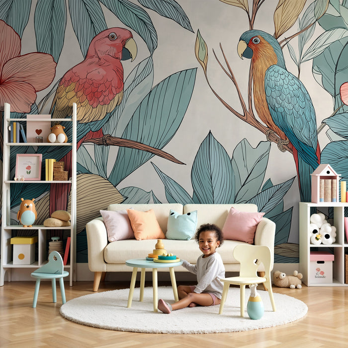 Papier peint chambre enfant | Perroquets colorés et fleurs tropicales