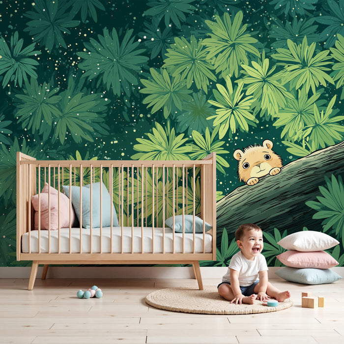 Kinderzimmer Tapete | Neugieriges kleines Tier unter tropischen Blättern