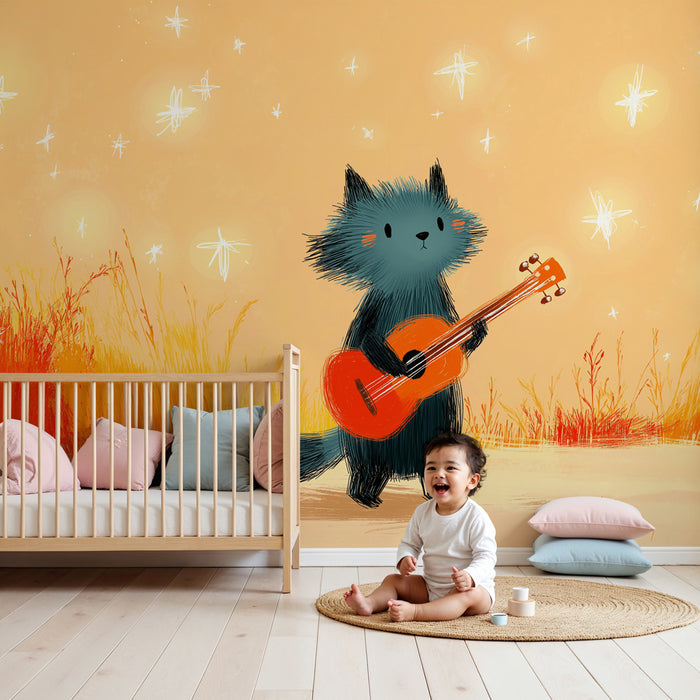 Kids room wallpaper | Small musician animal under the stars