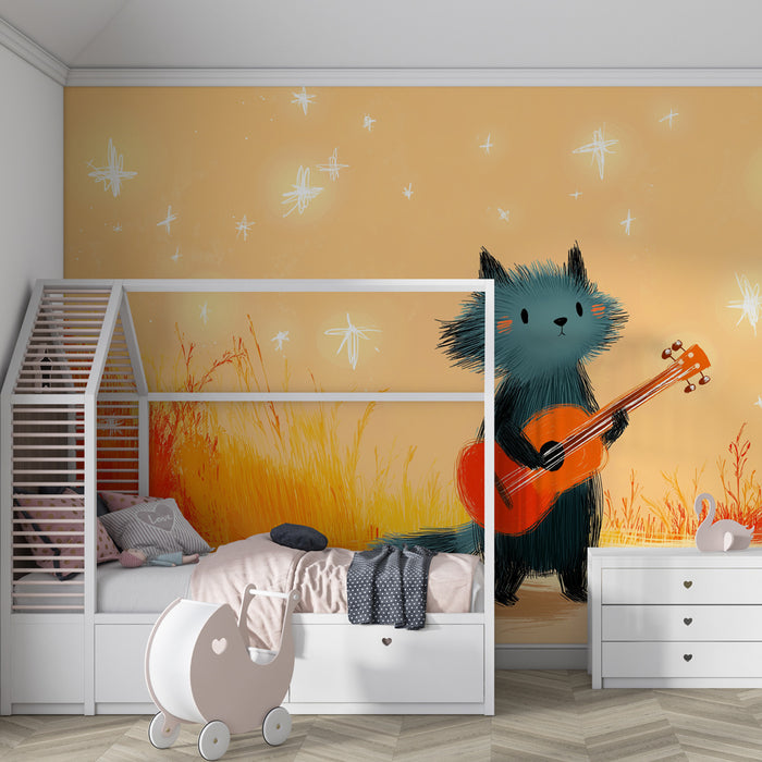 Kids room wallpaper | Small musician animal under the stars