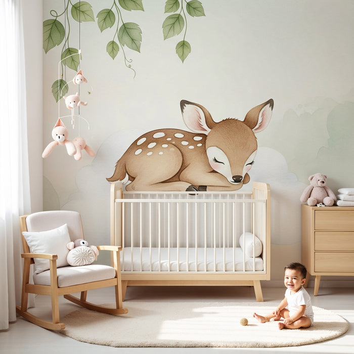 Kids room wallpaper | Little sleeping deer on a cloud