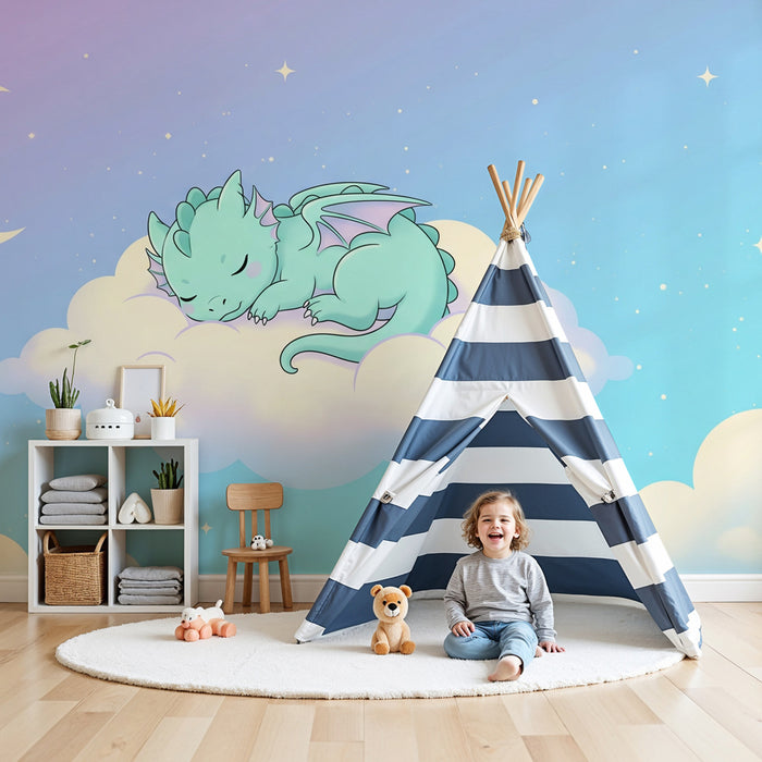 Papier peint chambre enfant | Petit dragon endormi sur un nuage