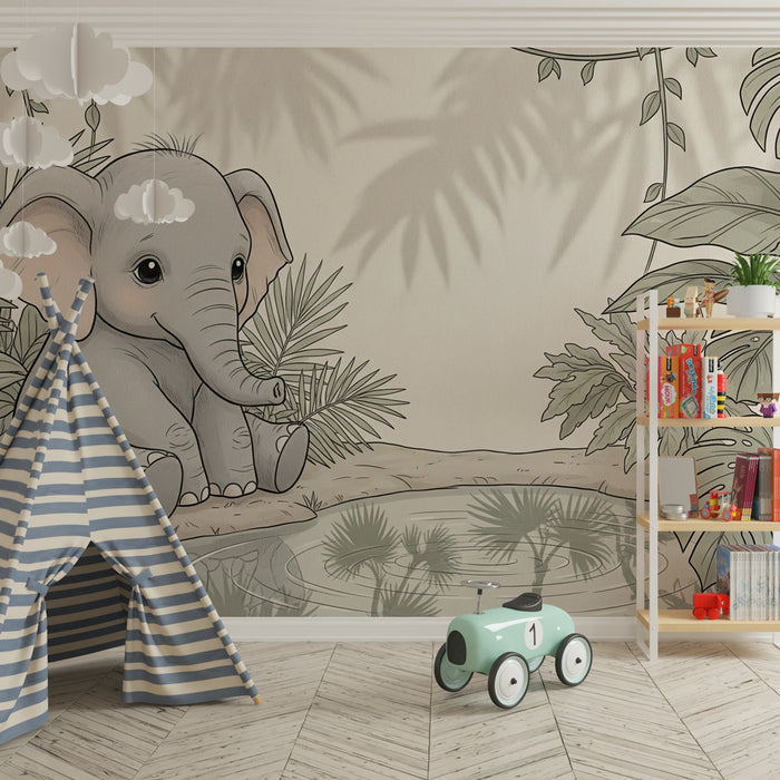 Papier peint chambre enfant | Petit éléphant et jungle apaisante