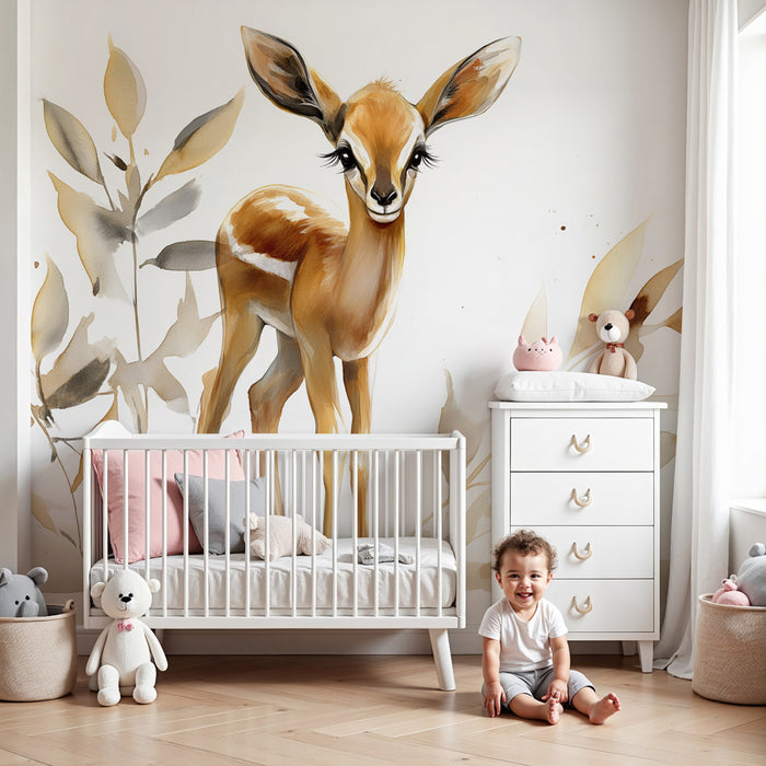Papel pintado infantil | Pequeño ciervo y hojas delicadas