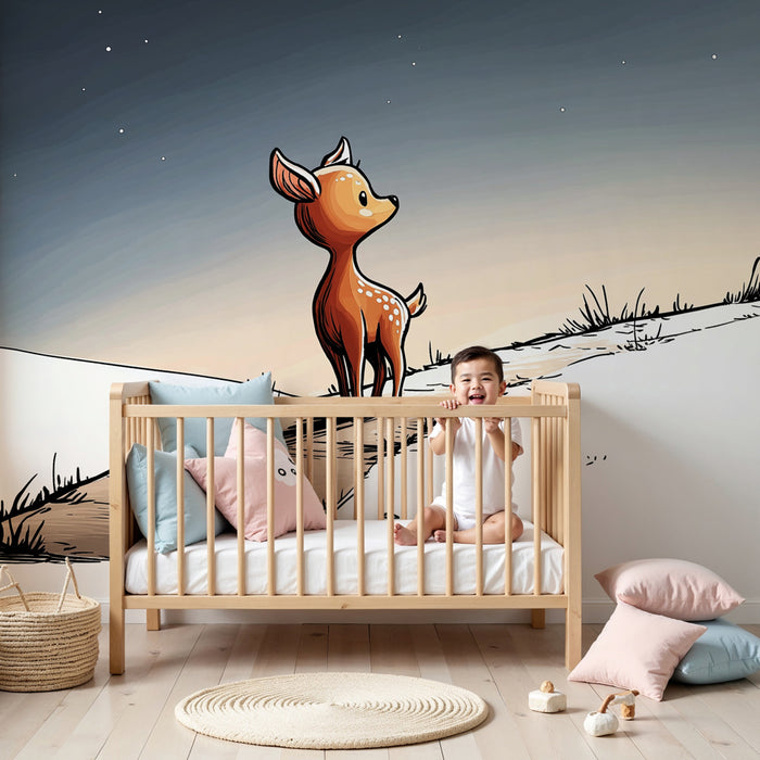 Papier peint chambre enfant | Petit faon sous un ciel étoilé