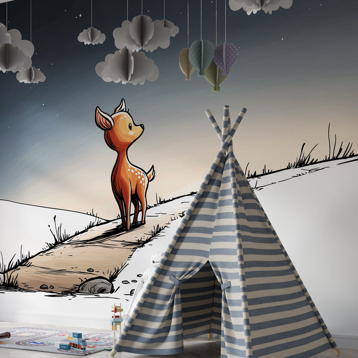 Papier peint chambre enfant | Petit faon sous un ciel étoilé