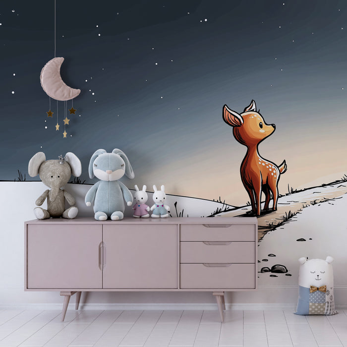 Papier peint chambre enfant | Petit faon sous un ciel étoilé