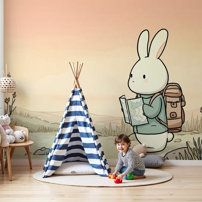 Carta da parati bambini | Piccolo coniglio avventuriero e paesaggi dolci