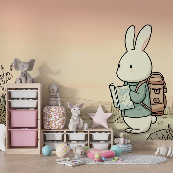 Carta da parati bambini | Piccolo coniglio avventuriero e paesaggi dolci