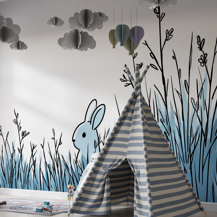 Papier peint chambre enfant | Petit lapin dans l'herbe bleue