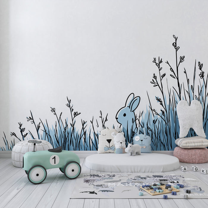 Papier peint chambre enfant | Petit lapin dans l'herbe bleue