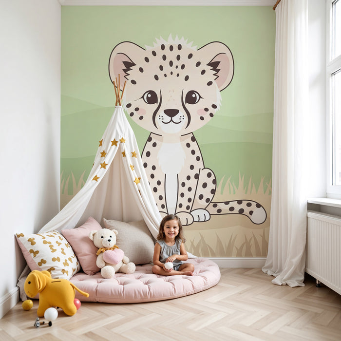 Papel pintado infantil | Pequeño leopardo travieso en la sabana