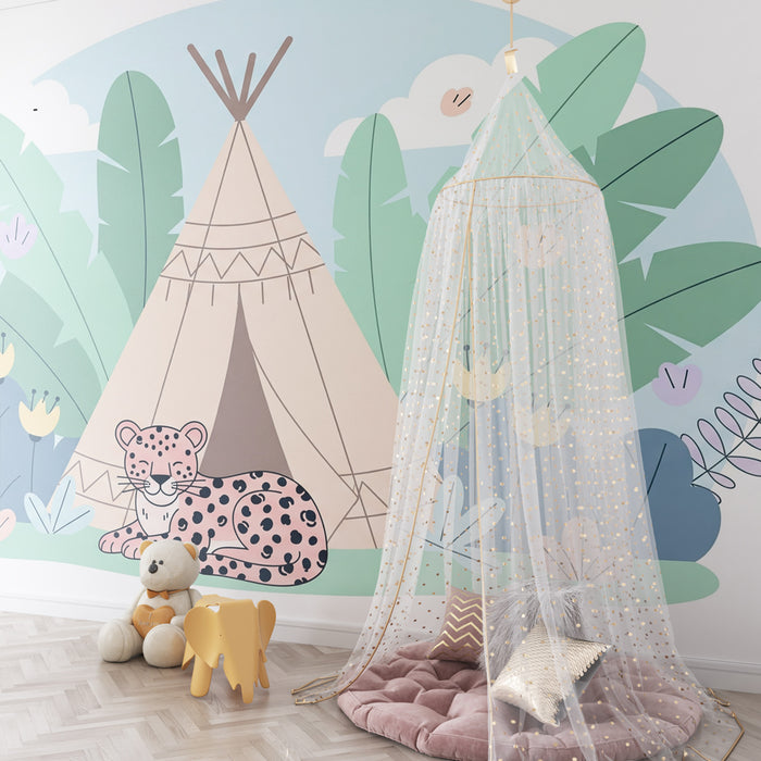 Tapet barnerom | Liten leopard og tipi i jungelen