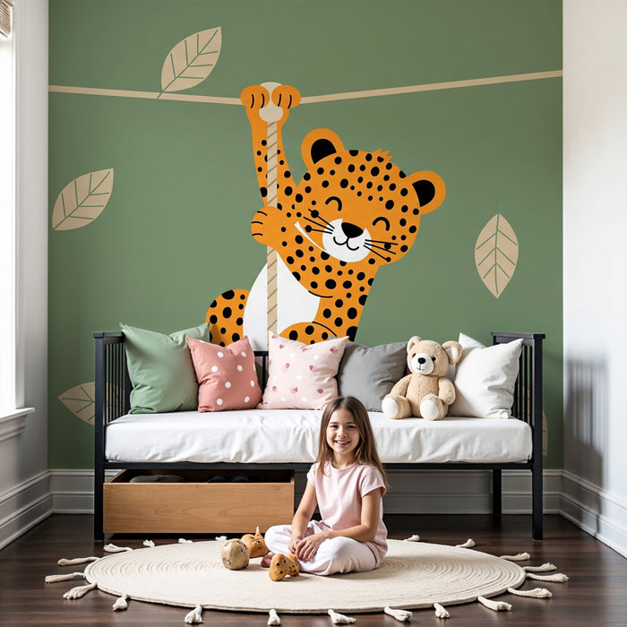 Papier peint chambre enfant | Petit léopard joueur dans la jungle