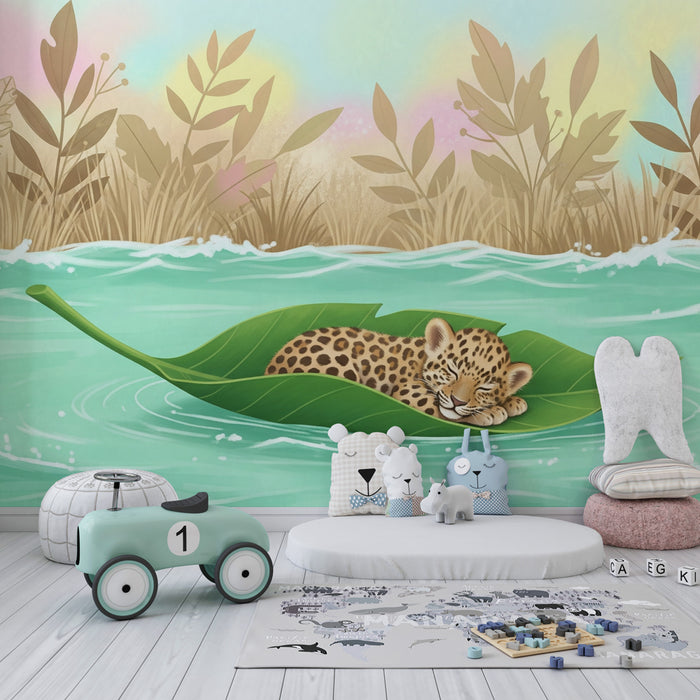 Kids room wallpaper | Little peaceful leopard on a leaf