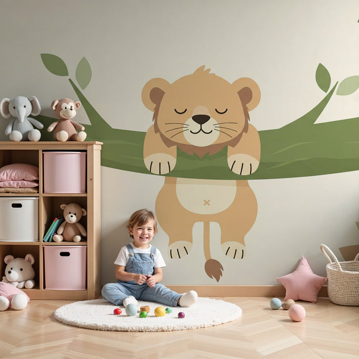 Kids room wallpaper | Little cuddly lion on a branch