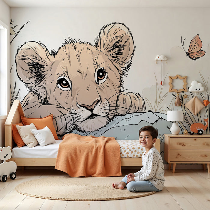Kinderzimmer Tapete | Neugieriger kleiner Löwe und Schmetterlinge