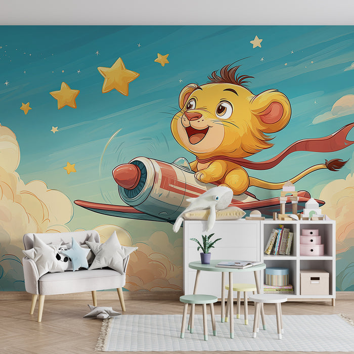 Papier peint chambre enfant | Petit lion explorateur dans les nuages
