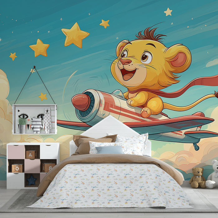 Papier peint chambre enfant | Petit lion explorateur dans les nuages