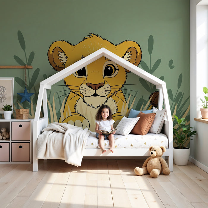 Papier peint chambre enfant | Petit lion mignon dans la savane