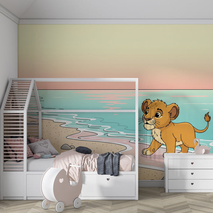 Papel de parede criança | Pequeno leão na praia