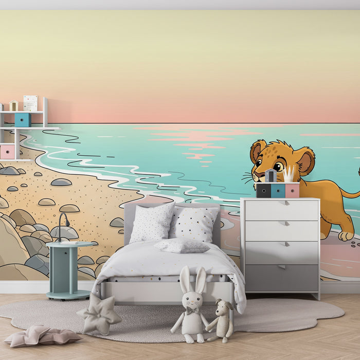 Papel de parede criança | Pequeno leão na praia
