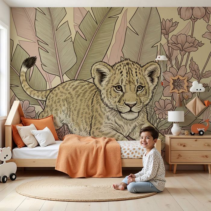 Papel pintado infantil | Pequeño león y selva floral