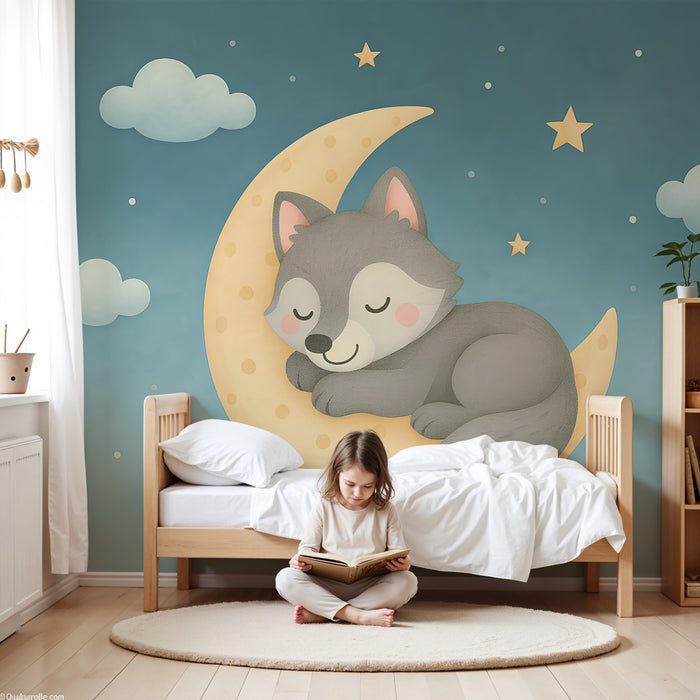 Papel de parede criança | Pequeno lobo dormindo na lua