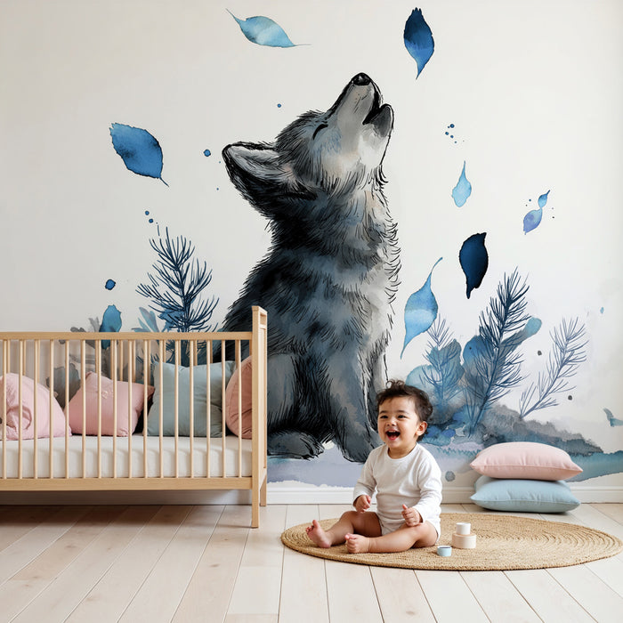 Kids room wallpaper | Little wolf under a magical sky