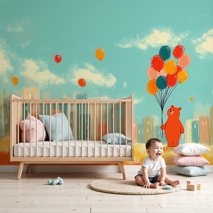 Carta da parati bambini | Orsetto con palloncini in città